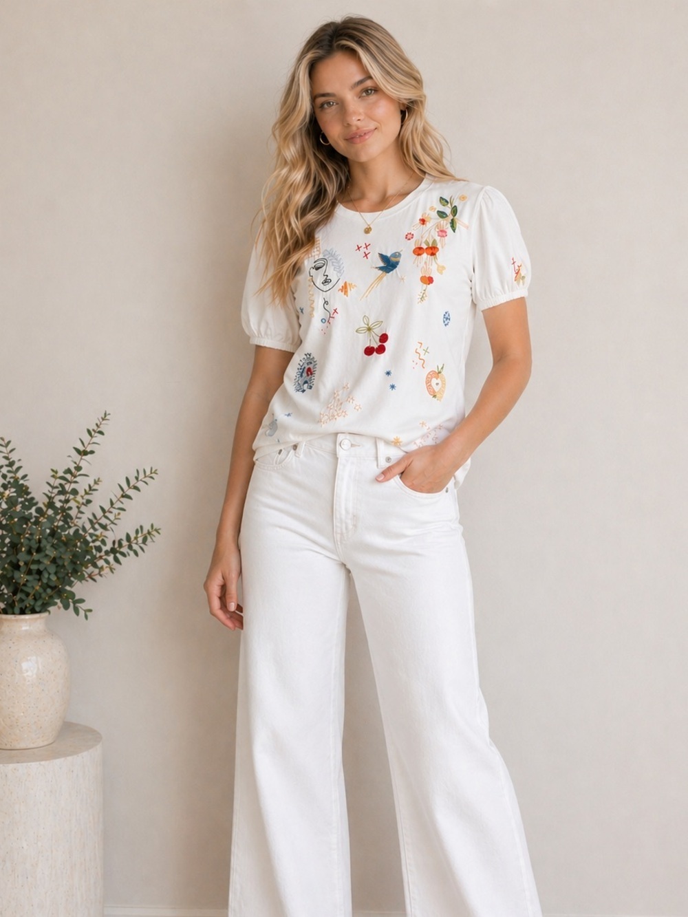 Johnny Was Cleo Short Puff Sleeve Tee Embroidered Top Size Medium White